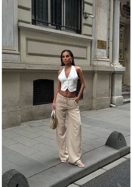 Krem Kadın Bel Lastik Detaylı Ince Dökümlü Baggy Keten Pantolon EMİLY-3018 fırsatları