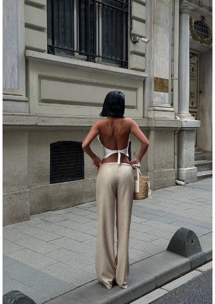 Krem Kadın Bel Lastik Detaylı Ince Dökümlü Baggy Keten Pantolon EMİLY-3018 indirimleri