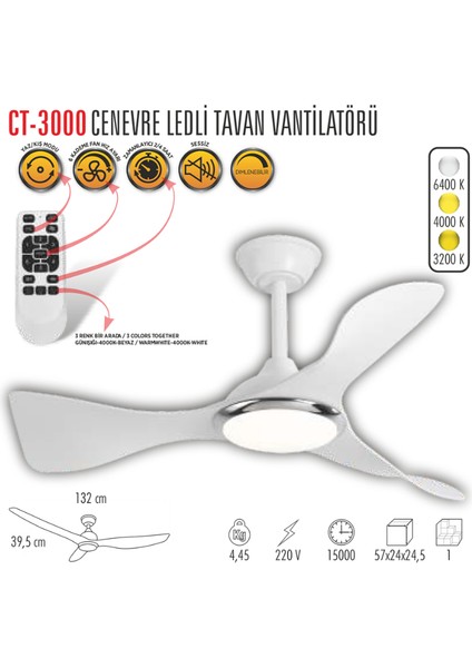 Ct 3001 Modern Tavan Vantilatörü Beyaz LED Işıklı ve Uzaktan Kumandalı Led, Sessiz Motor, Şık Tasarım