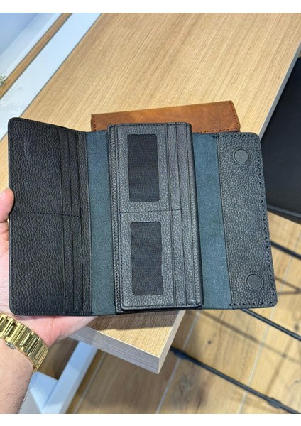 Hakiki Deri Mıknatıslı Telefon Bölmeli Cüzdan, 14 Kart Bölmeli VS.BLKT.0287