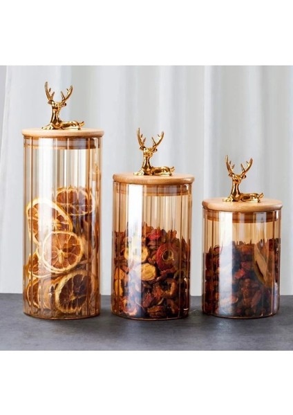 3'lü Borosilikat Cam Geyik Figürlü Şık Çizgili Amber Cam Kavanoz Mutfak Seti 500-750-1000 ml