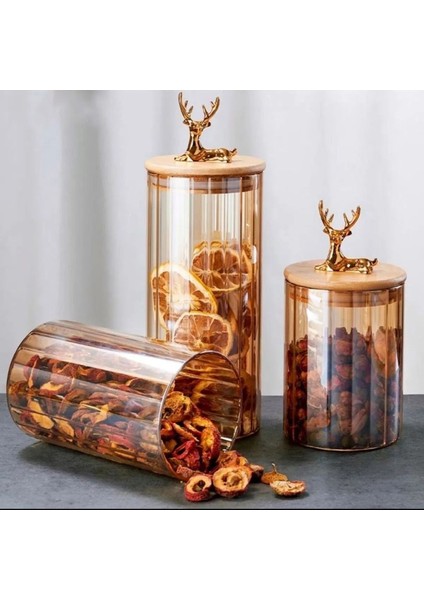 3'lü Borosilikat Cam Geyik Figürlü Şık Çizgili Amber Cam Kavanoz Mutfak Seti 500-750-1000 ml modelleri