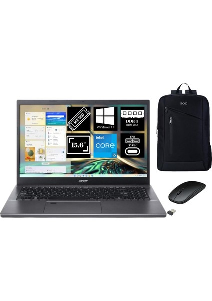 Aspire 5 Intel Core I5-12450H 12 GB Ram 2 Tb + 1 Tb SSD 15.6'' Fhd Windows 11 Koyu Gri Dizüstü Bilgisayar + Boz Çanta , Mouse