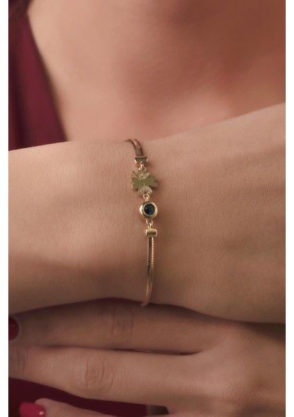 14 Ayar Altın Taşlı Şans Yoncası ve Göz Detaylı Italyan Balıksırtı Bileklik