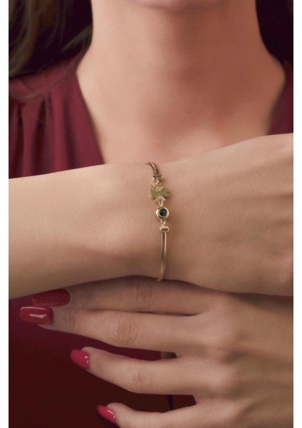 14 Ayar Altın Taşlı Şans Yoncası ve Göz Detaylı Italyan Balıksırtı Bileklik fiyatları