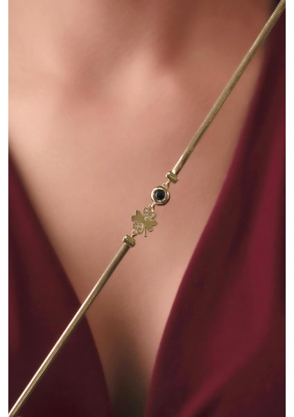 14 Ayar Altın Taşlı Şans Yoncası ve Göz Detaylı Italyan Balıksırtı Bileklik indirimleri