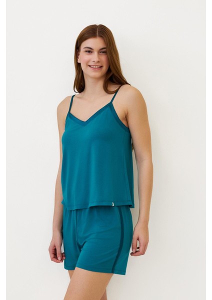 Kadın Seageo Askılı Dantelli Şortlu Pijama Takımı Yeşil