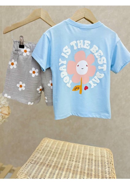 Kabartma Baskılı T-Shirt Müslin Çiçekli Şort Ikili Kız Çocuk Alt Üst Takım