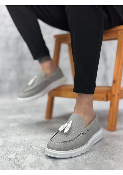 BA0005 Bağcıksız Yüksek Taban Klasik Keten Füme Püsküllü Erkek Ayakkabı