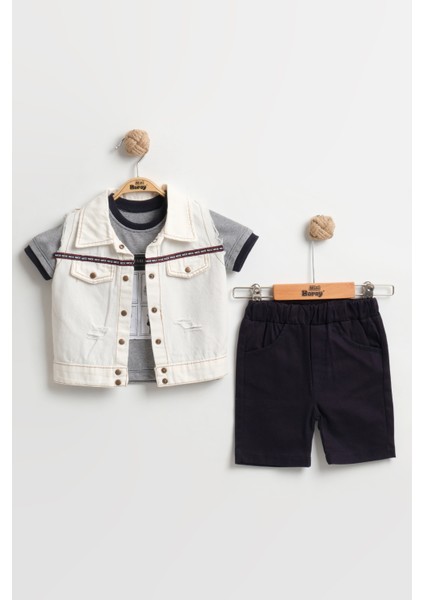 Özel Yırtık Detaylı Erkek Bebek 3'lü Yazlık Takım 9-12-18 Ay - Organik Pamuk