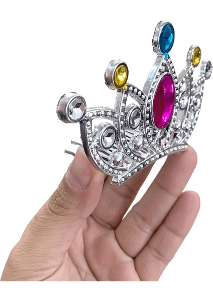 Gümüş Renk Taraklı Model Prenses Kraliçe Tacı 2 No 12 x 7 cm -