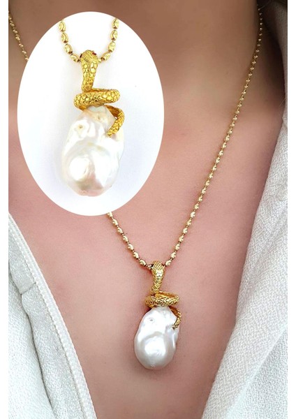 Osean Mystıque Barok Inci ve Yakut Taşlı 925AYAR Gümüş Üzerine Altın Kaplama Tasarım Yılan Kolye