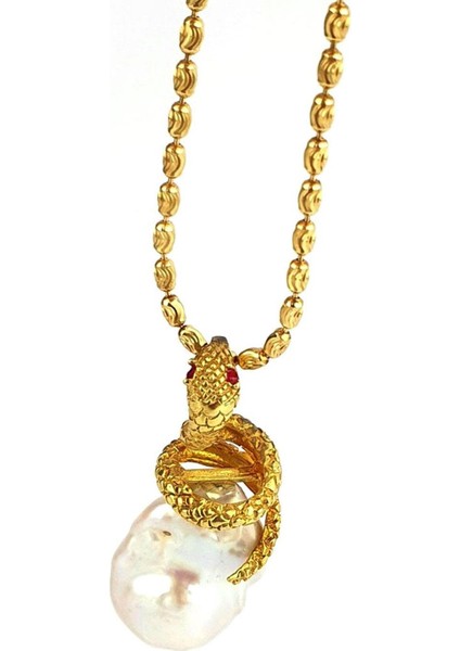 Osean Mystıque Barok Inci ve Yakut Taşlı 925AYAR Gümüş Üzerine Altın Kaplama Tasarım Yılan Kolye indirimleri