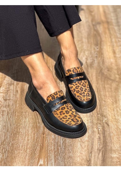 Minoa Deri Leopar Desenli Siyah Kadın Loafer
