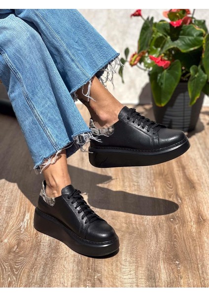 Ease Deri Yüksek Tabanlı Yılan Derisi Detaylı Siyah Kadın Spor Ayakkabı modelleri