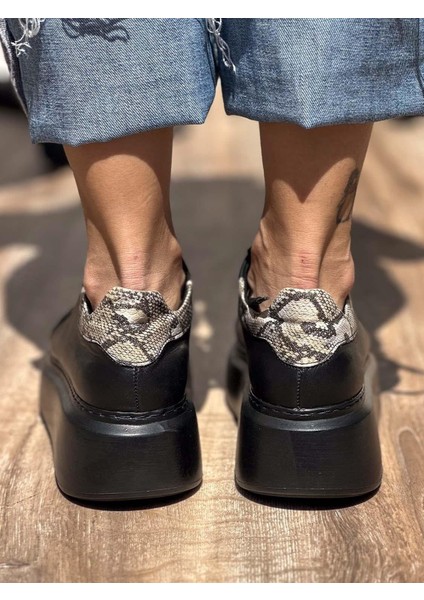 Ease Deri Yüksek Tabanlı Yılan Derisi Detaylı Siyah Kadın Spor Ayakkabı fırsatları