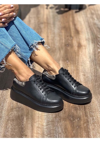 Ease Deri Yüksek Tabanlı Yılan Derisi Detaylı Siyah Kadın Spor Ayakkabı indirimleri