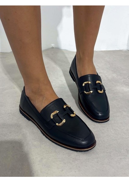 Ebla Ince Taban Toka Detaylı Deri Siyah Kadın Loafer