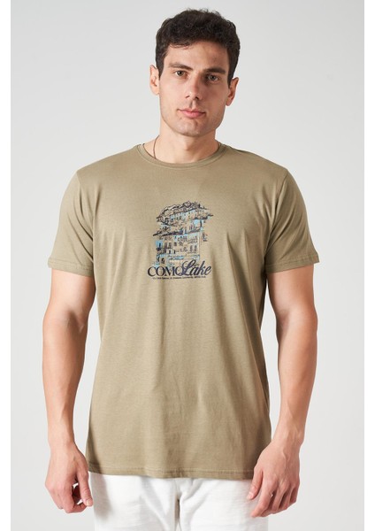 Erkek Olive Bisiklet Yaka Como Lake Baskı Tişört