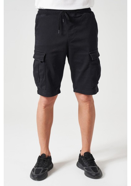 Erkek Siyah Beli Ribanalı Örme Parça Boya Kargo Şort fiyatları
