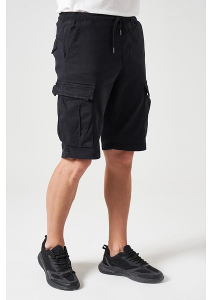 Erkek Siyah Beli Ribanalı Örme Parça Boya Kargo Şort modelleri