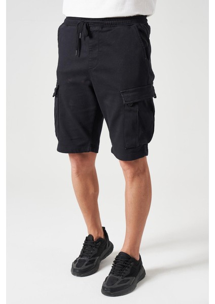 Erkek Siyah Beli Ribanalı Örme Parça Boya Kargo Şort fırsatları