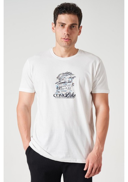 Erkek Ekru Bisiklet Yaka Como Lake Baskı Tişört