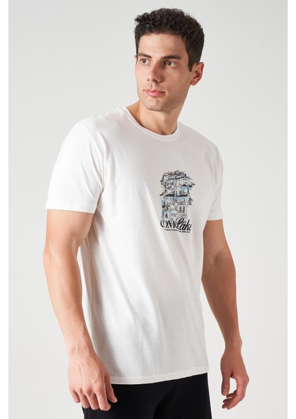 Erkek Ekru Bisiklet Yaka Como Lake Baskı Tişört fiyatları
