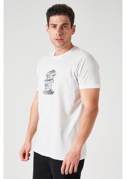 Erkek Ekru Bisiklet Yaka Como Lake Baskı Tişört modelleri