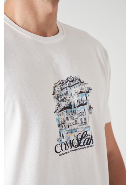 Erkek Ekru Bisiklet Yaka Como Lake Baskı Tişört fırsatları