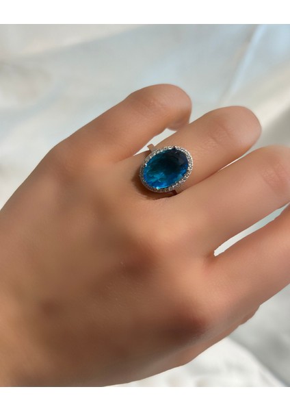 925 Ayar Oval Mavi Taşlı Yüzük
