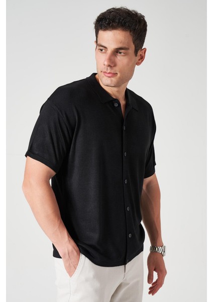 Erkek Siyah Kısa Kol Pamuk Triko Gömlek modelleri