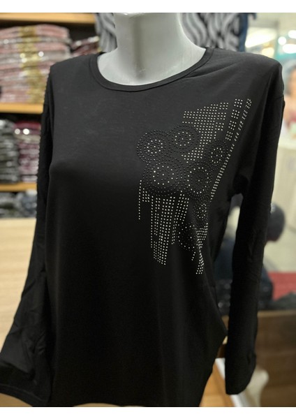 Kadın Likralı Taşlı Penye Bluz