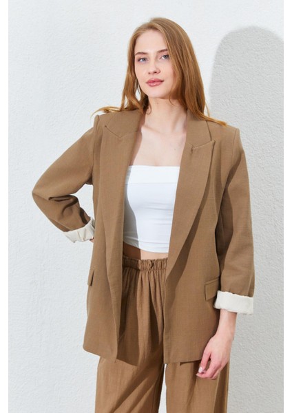 Kadın Kahve Kol Katlamalı Keten Blazer Ceket