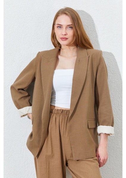 Kadın Kahve Kol Katlamalı Keten Blazer Ceket fiyatları