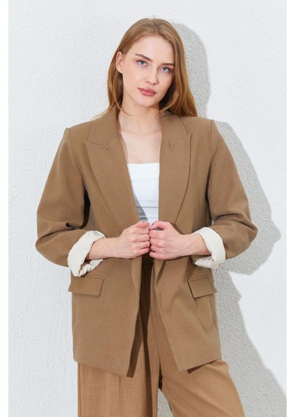 Kadın Kahve Kol Katlamalı Keten Blazer Ceket modelleri