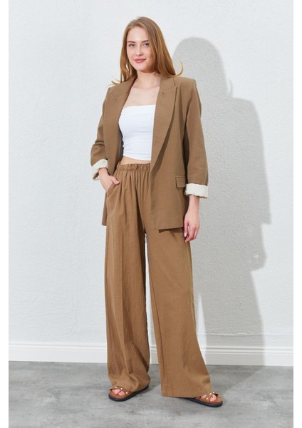 Kadın Kahve Kol Katlamalı Keten Blazer Ceket fırsatları