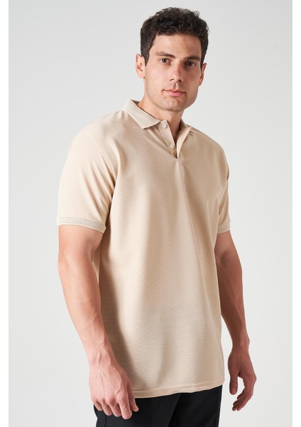 Erkek Bej Ayaklı Yaka Ottoman Basic Tişört