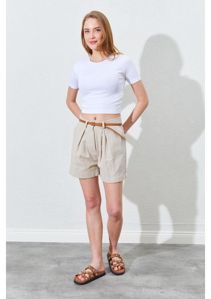 Kadın Taş Duble Paça Keten Şort