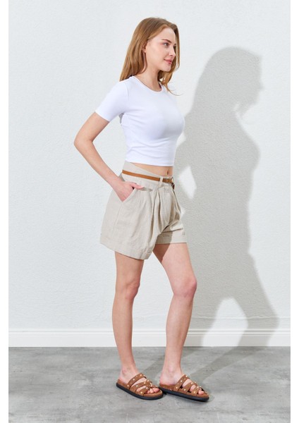 Kadın Taş Duble Paça Keten Şort modelleri