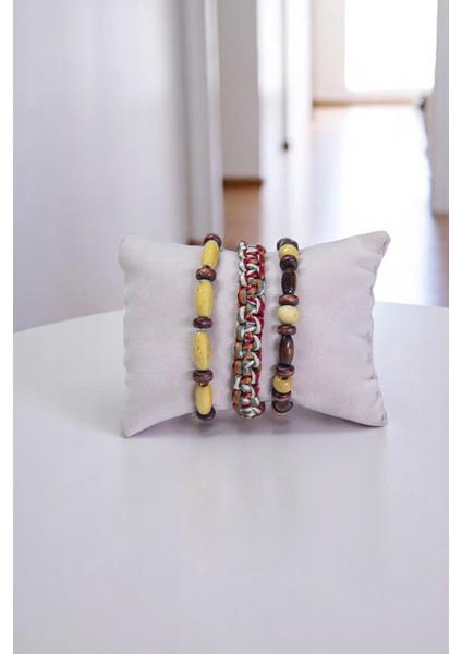 Kahve Krem Doğal Taşlı Ipli Örgülü Üçlü Set Bileklik