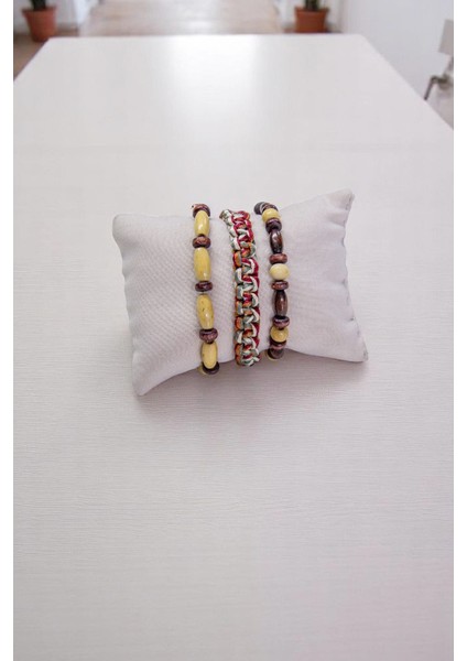 Kahve Krem Doğal Taşlı Ipli Örgülü Üçlü Set Bileklik