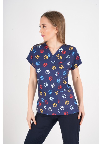 Unisex Pati Desenli Veteriner Doktor Hemşire Hastane Scrubs Tek Üst Üniforması