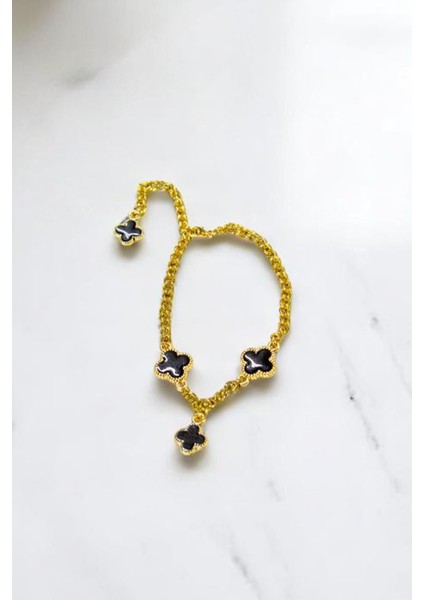 Siyah Yonca Detaylı Altın Çelik Bileklik