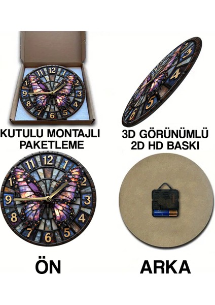 Sessiz Yuvarlak Ahşap Duvar Saati, Kuvars Hareketli 2d Kedi Desen 2d Ahşap Kutulu SDW017
