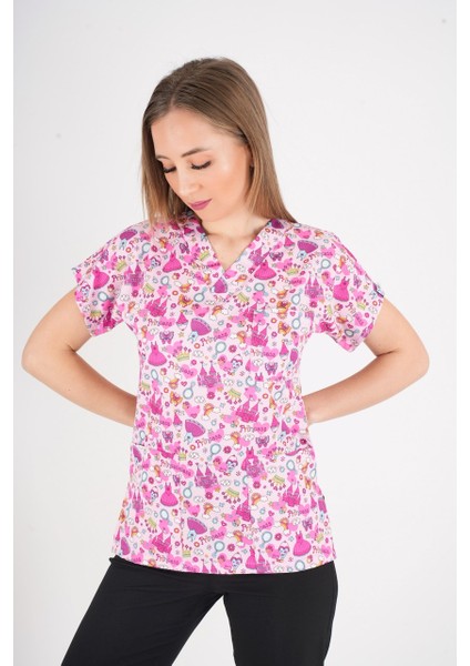 Pembe Prenses Desenli Likralı Scrubs Hemşire Doktor Hastane Üst Üniforması