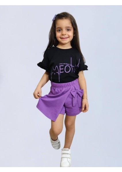 Kız Çoçuk 2'li Pamuklu T-Shirt Şort Etek Takım