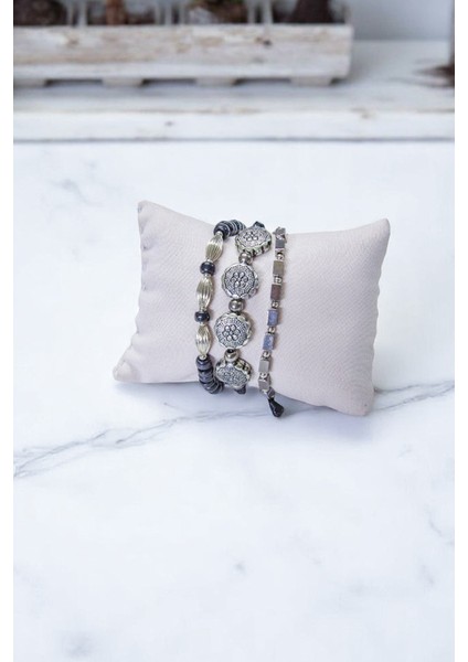 Metal 4 Taşlı Siyah Doğal Taşlı Üçlü Set Bileklik