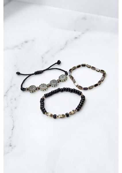 Metal 4 Taşlı Siyah Doğal Taşlı Üçlü Set Bileklik fiyatları