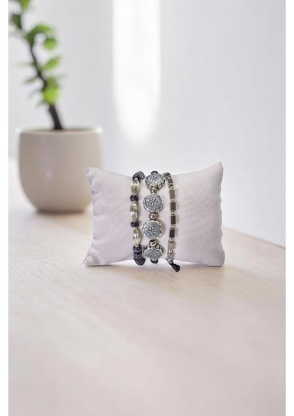 Metal 4 Taşlı Siyah Doğal Taşlı Üçlü Set Bileklik modelleri